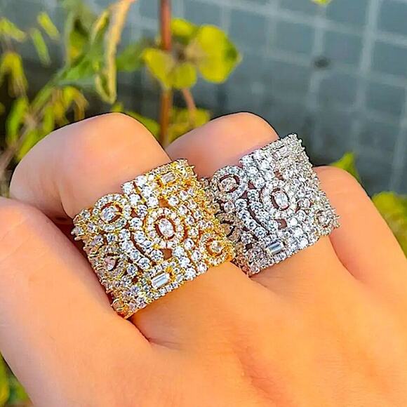 White Gold Plated Zircon Ring, Adjustable, Wide Band, Statement Jewelry - Picture 3 of 8